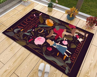 May include: A rectangular area rug featuring a dark purple background with a graphic illustration of Alice in a blue dress, red mushrooms, pink and orange flowers, and a crescent moon. The text reads Alice's Adventures in Wonderland Lewis Carroll.