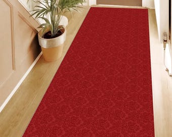 Red Velvet Runner Rug: Patterned Hallway Rug, Non-Slip Cotton Base