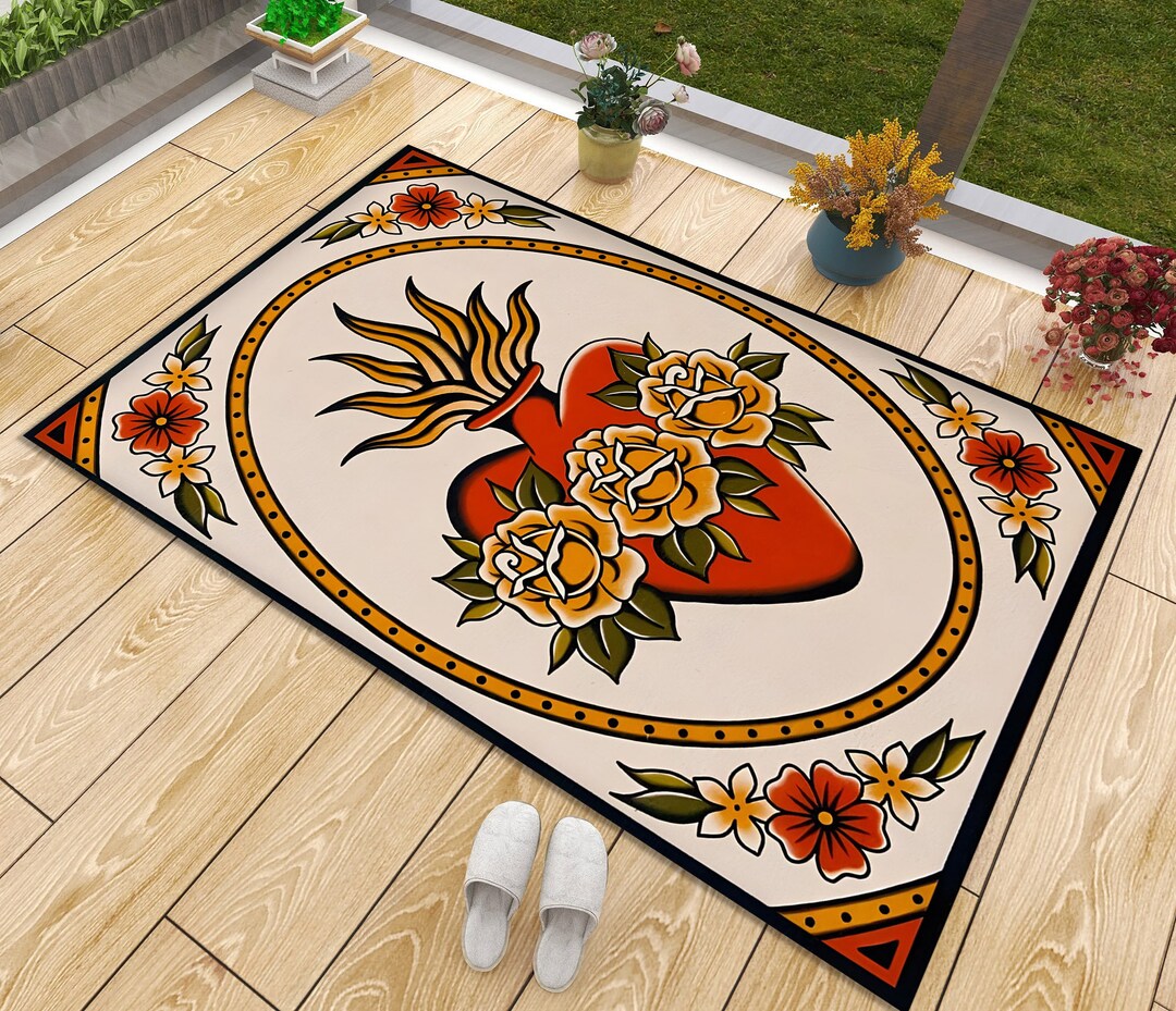 Scared Heart Rug Sacred Heart Tattoo Rug: Floral Tattoo Flash Design - Etsy
