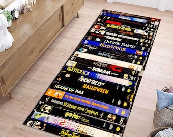 80s Nostalgic Horror Movie VHS Rug: Retro Home Theater Decor