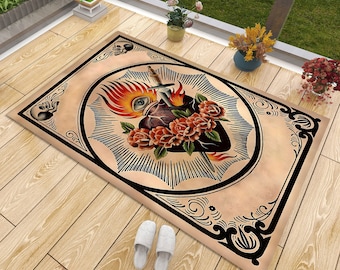 Sacred Heart Tattoo Rug, Tattoo Rug, Tattoo Design, Tattoo Flowers Rug, Flowers Rug, Tattoo Flash Rug, ,Room Decoration, Flower Sacred Heart