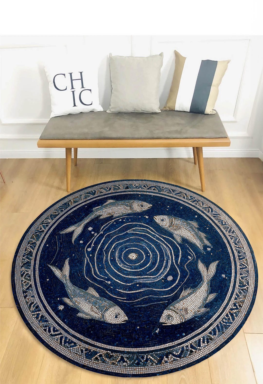 Navy Blue Round Mosaic Fish Rug Photo Inspiration