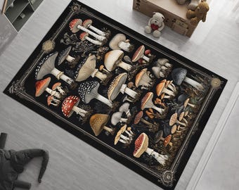 Mushroom Area Rug: Rustic Floral Design, Non-Slip Cotton Base