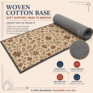 The image is an advertisement for a woven cotton base rug. It features a close-up of the rug's texture and a rolled-up rug on a light background. The ad highlights the rug's features, such as its soft support, stable foundation, and breathable weave, which provide comfort and stability for everyday use.