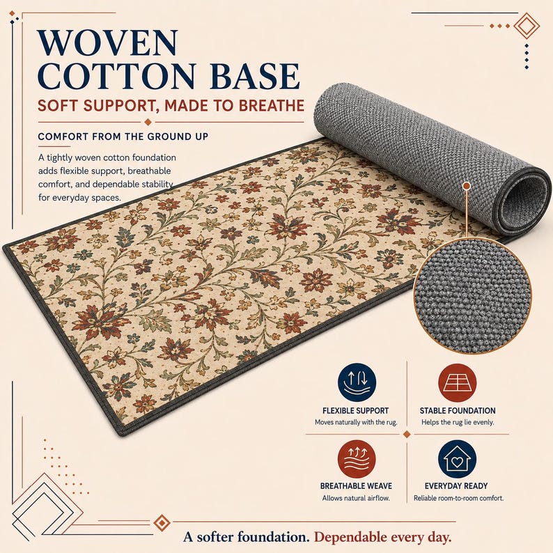 The image is an advertisement for a woven cotton base rug. It features a close-up of the rug's texture and a rolled-up rug on a light background. The ad highlights the rug's features, such as its soft support, stable foundation, and breathable weave, which provide comfort and stability for everyday use.