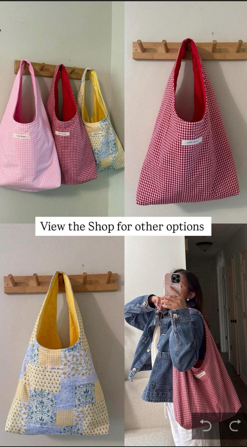 Op de afbeelding: Een verzameling tote tassen in verschillende patronen en kleuren, hangend aan houten pinnen. De tassen omvatten roze gingham, rode gingham en een patchwork ontwerp met gele en blauwe bloempatronen. De tekst "View the Shop for other options" is zichtbaar.