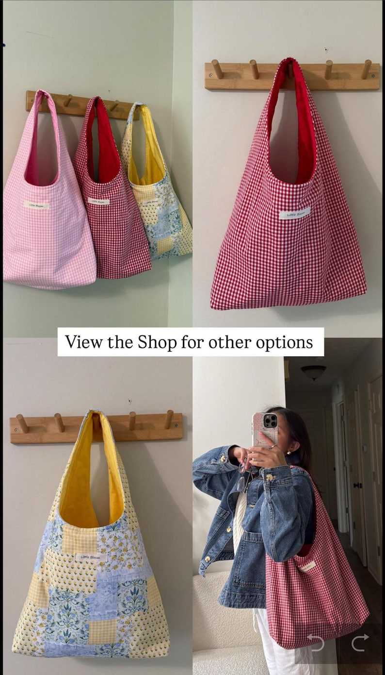 May include: A collection of tote bags in various patterns and colors. The bags include pink gingham, red gingham, and patchwork designs. The bags are hanging on a wooden rack. The text "View the Shop for other options" is visible.