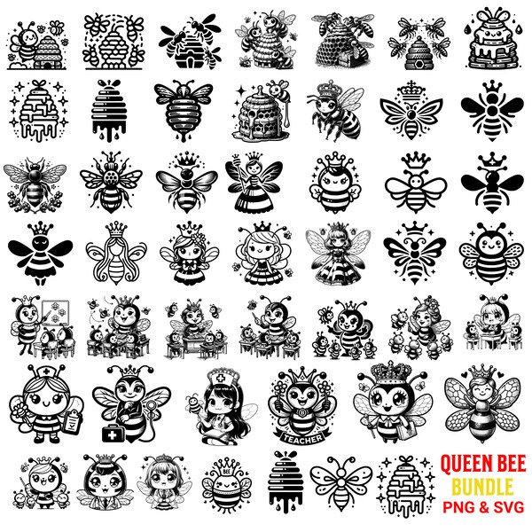 Queen Bee Bundle 48 PNG and SVG, Clipart, Bee Teacher, Bee Hive Clipart, Kawaii Bee, Cute Bee, Bee Crown, Commercial Use, Instant download