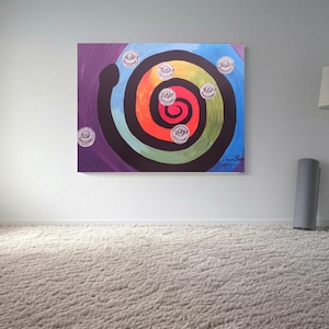 May include: Abstract painting with a colorful spiral design and black snake-like shape. The spiral is made up of concentric circles in shades of blue, green, yellow, orange, and red. The background is purple. There are several small circles with the word "TEAM" written inside them.