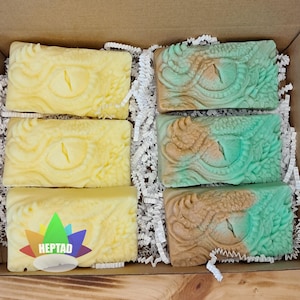 Dragon molded natural shea butter soaps, no parabans, GMO free, cruelty free and vegan. Great for a dragon lover, fathers day or a birthday.