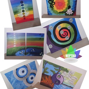 May include: A collection of six colorful paintings on canvas, featuring various spiritual and symbolic themes. The paintings include a chakra chart, a yin yang symbol, a spiral with rainbow colors, a snake with a lotus flower, and two blue eyes.