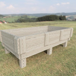 May include: A wooden trough with a rectangular shape and four legs. The trough is made of light-coloured wood and has a rustic appearance.