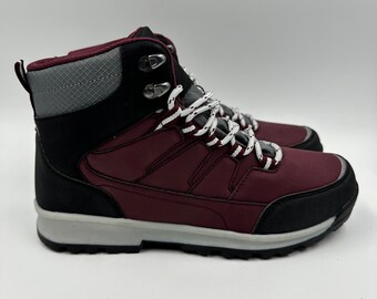 Chaussures de randonnée montantes femme 7,5, bordeaux et noir, avec embouts en caoutchouc robustes