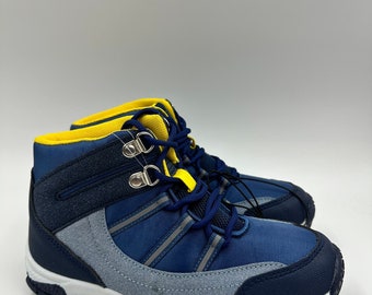 Big Kid Size 3, High Top Blue Hikers w/ Yellow & Gray Accents Rubber Toe Cap