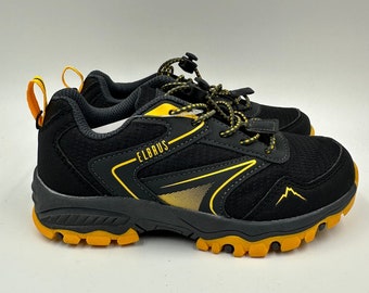 Small Kid Size 13, Black Low Top Hikers with Yellow Accents and Rugged Tread