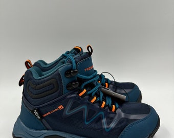 Big Kid Size 2, High Top Blue Green Hiker w/ Orange and Black Accent, Thick Sole