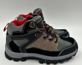 Big Kid Size 2, Black, Brown and Red High Top Hikers and Rugged Rubber Tread.