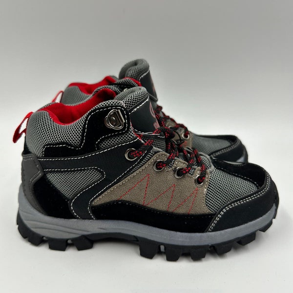 Big Kid Size 2, Black, Brown and Red High Top Hikers and Rugged Rubber Tread.