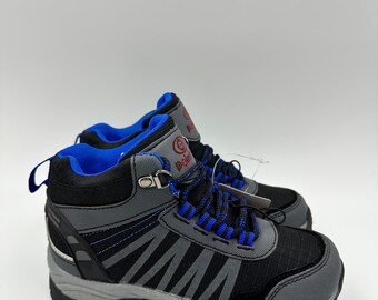 Big Kid Size 1, High Top Black & Gray Hiker w/ Blue Accents Leather Gray Toe Cap