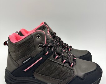 Chaussures de randonnée montantes imperméables noires taille 6,5 pour femme avec embouts en caoutchouc roses