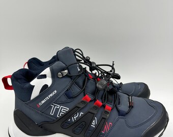 Taglia 8.5 da donna, scarpa da trekking alta resistente all'acqua, blu navy con accenti rossi e bianchi