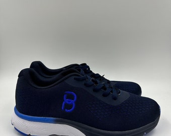 Herenmaat 8,5, donkerblauwe hardloopsneakers met gebreide top en lichtblauw