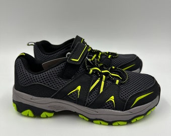 Big Kid Size 2, Black Low Top Hikers w/ Lime Green Accents w/ Rugged Tread