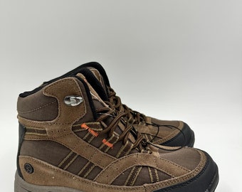 Big Kid Size 4, High Top Brown Hiker w/ Orange Accents, Rubber Black Toe Cap