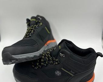 Size 11 Men's Black hikers with Yellow and Orange Details & Gray and Black Soles