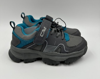 Small Kid Size 12, Gray Low Top Hikers with Aqua Accents and Rugged Tread