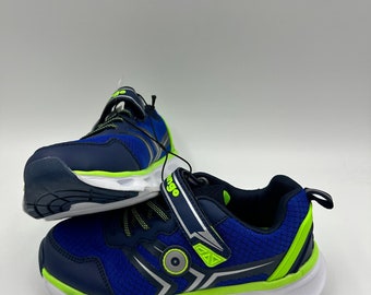 Big Kid Size 1 Blue & Lime Green Sneakers with Straps and White Soles