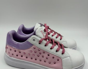 Big Kid Size 4, White, Pink and Purple Fashion Sneakers with Sparkle Laces and Gems