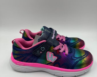 Big Kid Size 4, Blue w/ Reflective Rainbow Print, Pink Accents and Laces