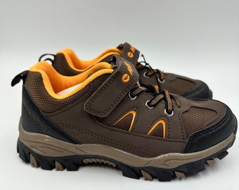 Big Kid Size 1.5, Brown Low Top Hikers with Orange Accents and Rugged Tread