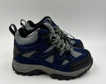 Petit enfant 13,5 cm, chaussures de randonnée montantes en daim bleu marine et gris avec embouts en caoutchouc robuste