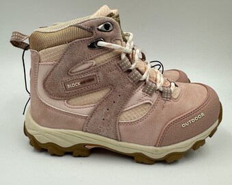 Big Kid Size 1, Pink High Top Hikers with Brown Accents and Rugged Rubber Tread