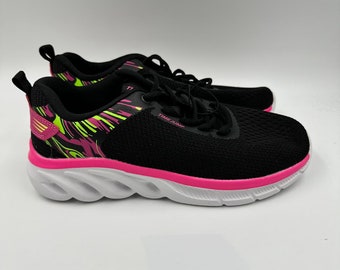 Women's size 8, Black Mesh Sneaker w/ Neon Pink and Green Accents