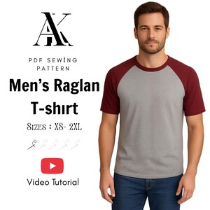 Peut inclure: Un t-shirt raglan gris avec des manches bordeaux est porté par une personne. L'image comprend le texte "Men's Raglan T-shirt" et "Video Tutorial". Les tailles disponibles sont XS-2XL. Un logo est dans le coin supérieur gauche.