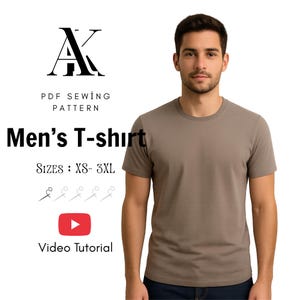May include: A man wearing a taupe-colored T-shirt. The image includes text that reads "AK PDF Sewing Pattern Men's T-shirt" with size options XS-3XL and a YouTube video tutorial icon.