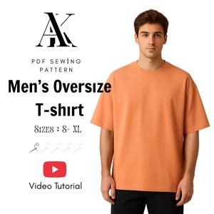 May include: An orange oversized t-shirt with a crew neck is worn by a person. The image includes text that reads "Men's Oversize T-shirt" and "SIZES: S-XL". A YouTube video tutorial is also advertised.