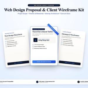 May include: A digital web design proposal and client wireframe kit featuring three white cards with blue accents. The text includes Web Design Proposal & Client Wireframe Kit, Web Design Pitch Deck, Tiered Investment Tables, and Sitemap & Wireframes.