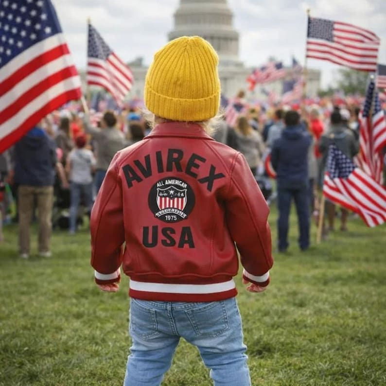 May include: A child wearing a red leather jacket with the text "AVIREX ALL AMERICAN USA 1975" on the back, paired with a yellow beanie and blue jeans. The background features American flags and a crowd of people.