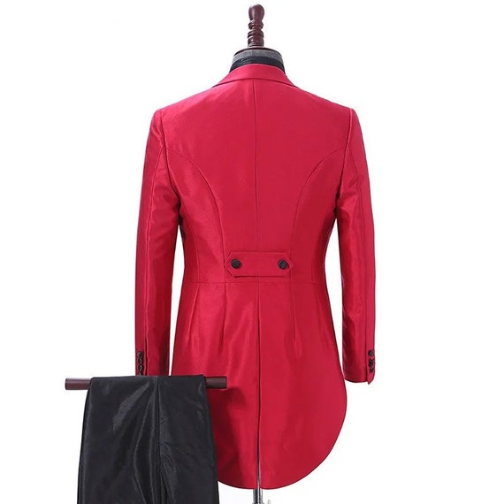 Men's Red Tailcoat Suit: Piece Tuxedo, Wedding Prom Style