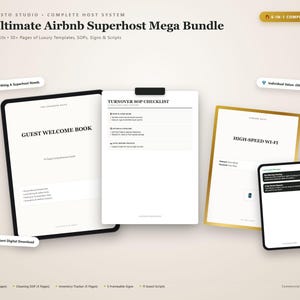 Könnte beinhalten: Das Ultimate Airbnb Superhost Mega Bundle enthält ein Guest Welcome Book, eine Turnover SOP Checklist und ein High-Speed Wi-Fi Schild. Diese digitale Sammlung umfasst 6 Toolkits, 30 Seiten mit Vorlagen, SOPs, Schildern und Skripten.