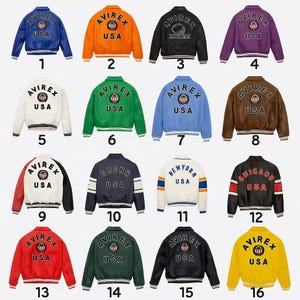 May include: A collection of sixteen bomber jackets in various colors, including blue, orange, black, purple, white, green, brown, red, and yellow. Each jacket features the "AVIREX USA" logo on the front and back.