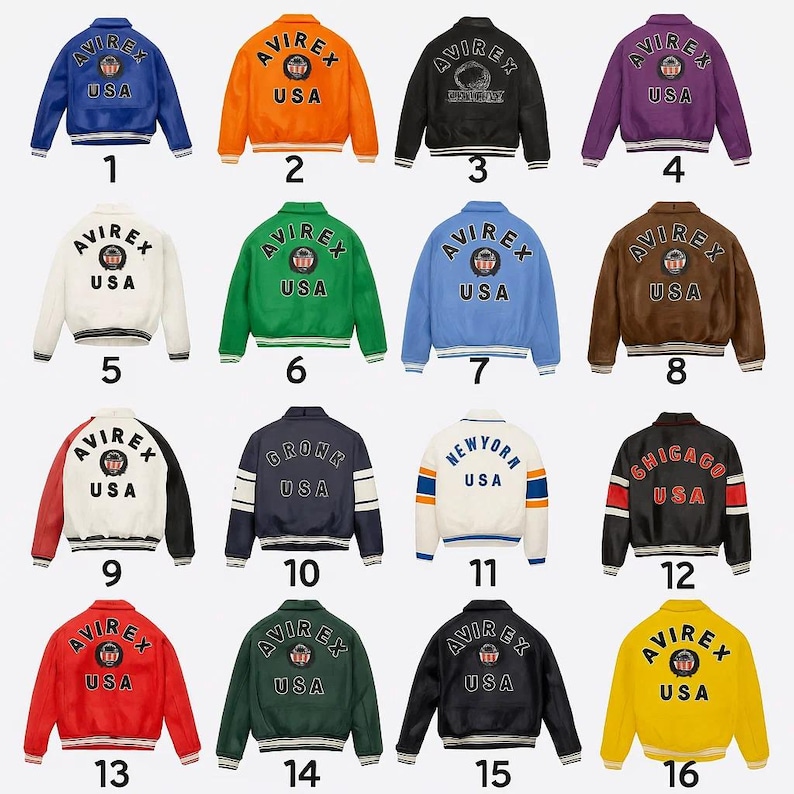 May include: A collection of sixteen bomber jackets in various colors, including blue, orange, black, purple, white, green, brown, red, and yellow. Each jacket features the "AVIREX USA" logo on the front and back.
