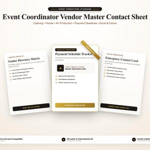 May include: An Event Coordinator Vendor Master Contact Sheet template featuring three white cards with black text. The cards are titled Vendor Directory Matrix, Payment Schedule Tracker, and Emergency Contact Card, with gold accents and checkmark lists.