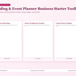 May include: A digital Wedding & Event Planner Business Starter Toolkit with a light pink background. The header reads Event Coordinator Hub and Wedding & Event Planner Business Starter Toolkit. Three white boxes detail Bridal Client Onboarding, Master Wedding Day Timeline, and Vendor Matrix & Budget. A bottom bar lists Printable PDF & Editable Word, Elegant Blush & Rose Gold Theme, and Essential for Day-of Coordinators.