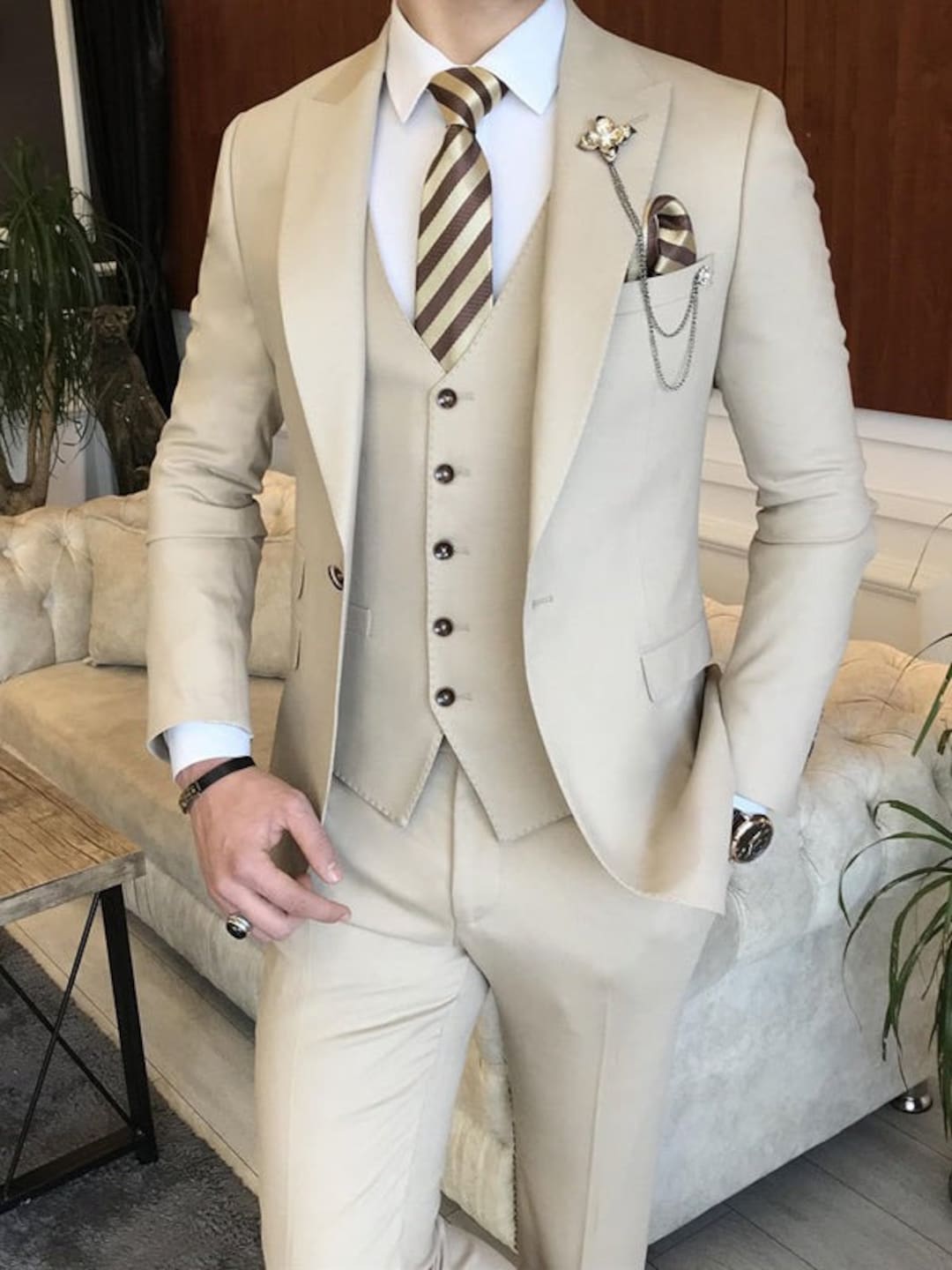 Buy Cream Three Piece Suit: Slim Fit Modern Wedding Suit Online in - Main Image