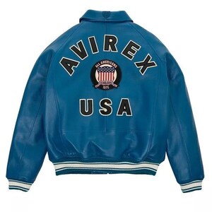 May include: A blue leather jacket with the word "AVIREX" arched across the shoulders. Below the word "AVIREX" is a circular patch with the words "ALL AMERICANS ESTABLISHED 1975" and a graphic of the American flag. The word "USA" is below the patch.